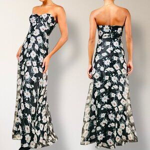 Lulus S Black White Floral Strapless Maxi Dress Bustier Organza Wedding Guest